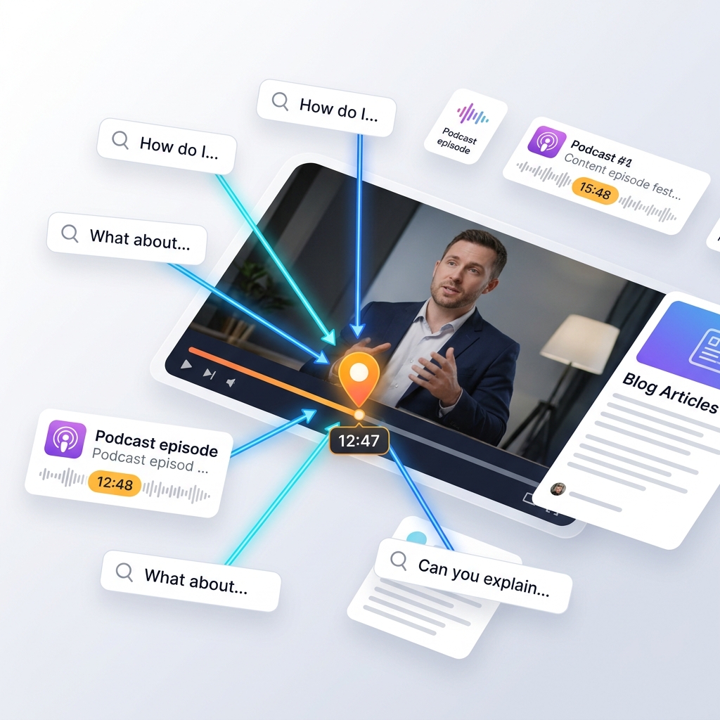 Video player with search queries pointing to specific timestamps